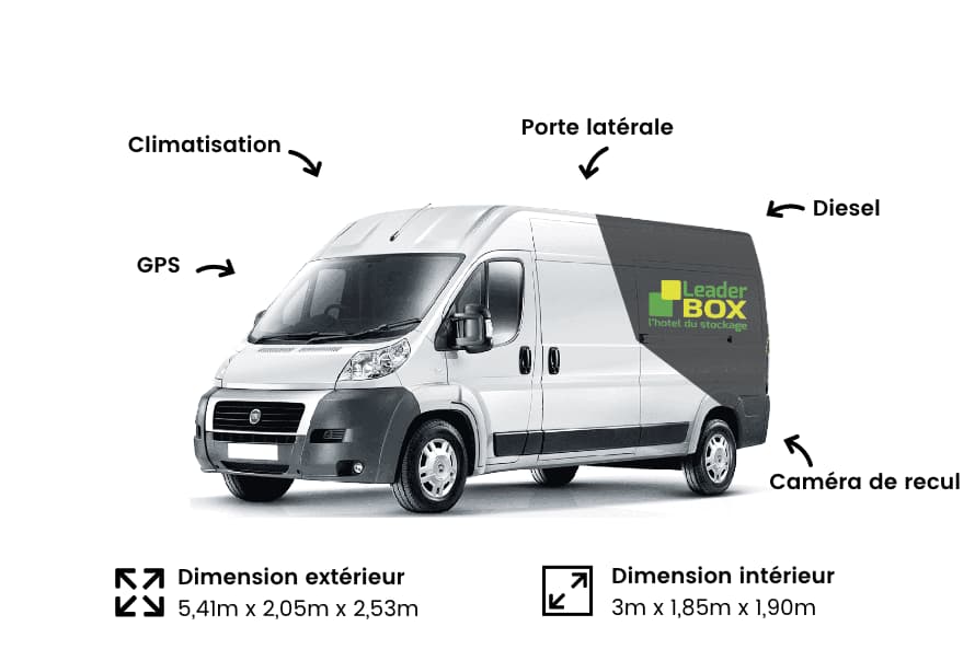 Camion de déménagement possédant la climatisation, un GPS, une caméra de recul, des portes latérales