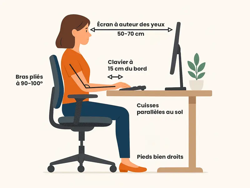 Schéma sur comment se tenir correctement face à son ordinateur sur un bureau